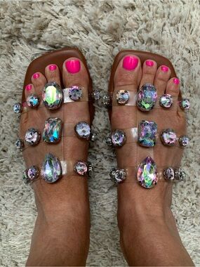 Nanette Lepore Seana Iridescent Jeweled Clear-Strap Sandals with Brown Footbed
